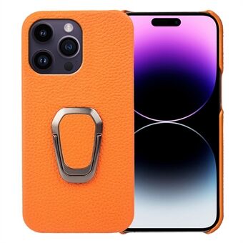 For iPhone 14 Pro Litchi Texture Shockproof Phone Cover Ring Kickstand Genuine Leather Coated PC Anti-Drop Protective Case