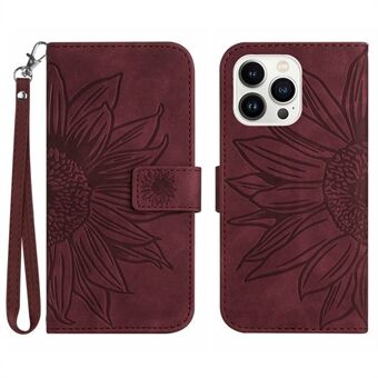 Flip Phone Case for iPhone 14 Pro, HT04 Imprinted Sunflower Hands-free Stand PU Leather Skin-Touch Magnetic Wallet Cover with Strap