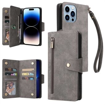 For iPhone 14 Pro PU Leather Multiple Card Slots Wallet Case Rivet Decor Zipper Pocket Stand Flip Cover with Strap