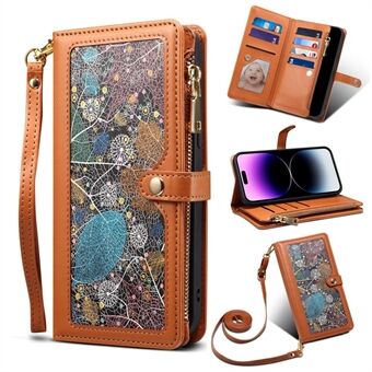 ESEBLE Galaxy Series Shockproof Case for iPhone 14 Pro Anti-Scratch Wallet Phone Case RFID Blocking Leather Stand Cover with Shoulder Strap