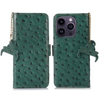 For iPhone 14 Pro Ostrich Pattern Genuine Cowhide Leather Case, Anti-drop Side Magnetic Closure Phone Case RFID Blocking Wallet Phone Cover with Stand