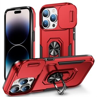 For iPhone 14 Pro PC + TPU Ring Kickstand Phone Case Slide Camera Protector Drop-proof Cover with Car Mount Metal Sheet