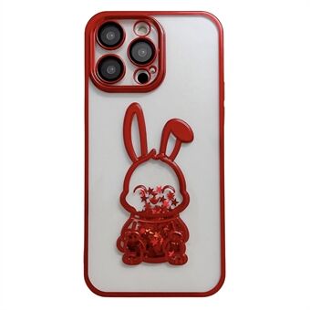 For iPhone 14 Pro Quicksand Cute Rabbit Phone Case Electroplating Transparent Anti-drop TPU Cover with Tempered Glass Lens Film