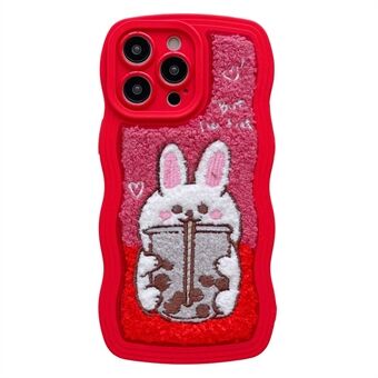 For iPhone 14 Pro Plush Soft Fluffy Phone Case Milk Tea Animal Pattern Embroidery Hybrid TPU + PC Protective Cover