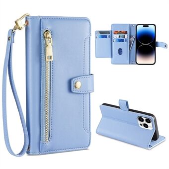 For iPhone 14 Pro Textured PU Leather Multiple Card Slots Stand Cover Zipper Pocket Flip Wallet Phone Case with Wrist Strap and Shoulder Strap