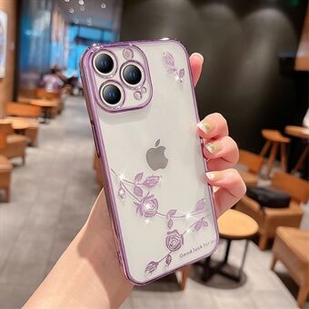 For iPhone 14 Pro Flower Pattern Phone Cover Rhinestone Decor Shockproof TPU Electroplating Phone Case