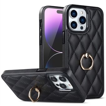For iPhone 14 Pro Ring Holder Kickstand Phone Case PU Leather Coated TPU Rhombus Grid Pattern Imprinted Anti-Scratch Back Cover