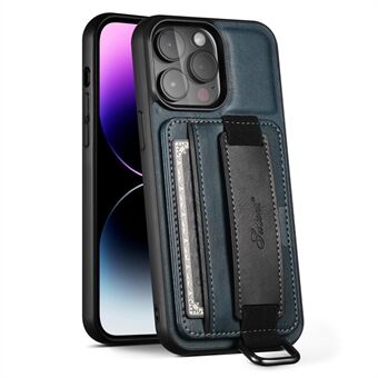 SUTENI H13 Kickstand Cell Phone Cover for iPhone 14 Pro Leather Coated PC + TPU Card Slots Phone Case with Hand Strap