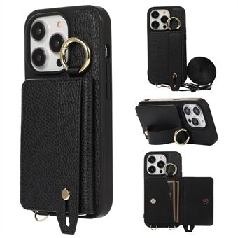 For iPhone 14 Pro Max Card Holder Phone Cover Hand Strap Kickstand Leather+TPU Case with Shoulder Strap