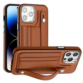 YB Leather Coating Series-5 Kickstand Case for iPhone 14 Pro Leather Coated TPU Phone Cover with Card Slots