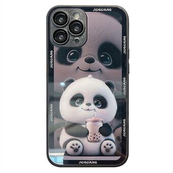 Pattern Printing Cover for iPhone 14 Pro Milk Tea Panda Tempered Glass+TPU Phone Case with Lens Film