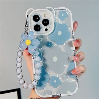 TPU Phone Case for iPhone 14 Pro , Bear Ear Decor Cell Phone Shell Flower Pattern Cover with Bead Strap