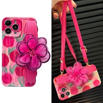 For iPhone 14 Pro Pattern TPU Case Gauze Flower Leather Wristband Phone Cover with Shoulder Strap
