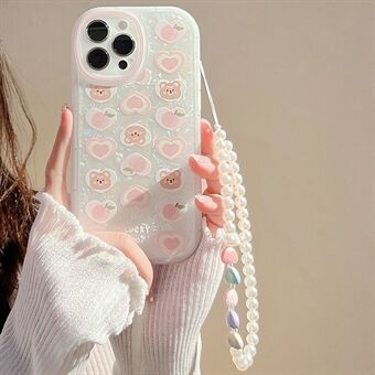 For iPhone 14 Pro Peach Bear Pattern Decor Phone Shell Flexible TPU Phone Case with Pearl Chain