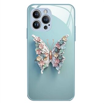 For iPhone 14 Pro Tempered Glass+TPU Anti-fall Cover Butterfly Pattern Cell Phone Case