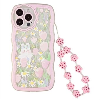 Transparent Phone Case for iPhone 14 Pro , Rabbit Flower Pattern TPU Cover with Wrist Chain