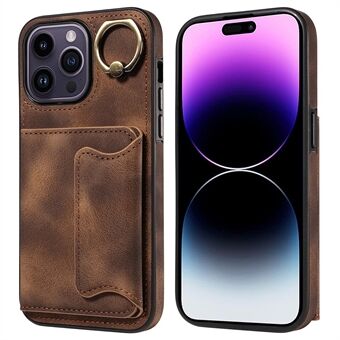 001 For iPhone 14 Pro Card Holder Phone Case PU Leather+TPU Protective Cover with Ring Kickstand