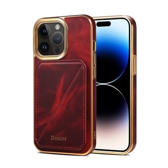 DENIOR Electroplating Phone Case for iPhone 14 Pro Card Holder Kickstand Waxy Genuine Cow Leather Coated TPU+PC Cover