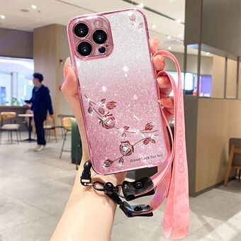TPU Phone Cover for iPhone 14 Pro , Flower Design Rhinestone Glitter Cellphone Case with Strap