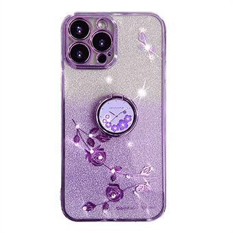 For iPhone 14 Pro Cellphone Case with Ring Kickstand Flower Pattern Glitter TPU Cover