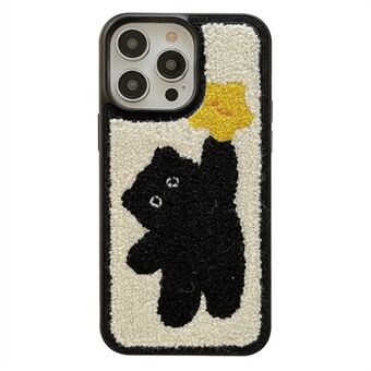 Embroidery Plush Cartoon Cat TPU Case for iPhone 14 Pro Scratch-resistant Phone Protective Back Cover