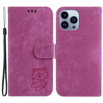 Cartoon Tiger Imprint Cover for iPhone 14 Pro Leather Wallet Stand Anti-scratch Phone Case
