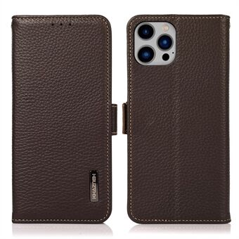 KHAZNEH for iPhone 14 Plus 6.7 inch Litchi Texture Genuine Leather Case Magnetic Closure Stand RFID Blocking Protection Wallet Phone Cover