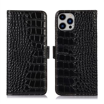 For iPhone 14 Plus 6.7 inch Crocodile Texture RFID Blocking Stand Case Genuine Cowhide Leather Magnetic Clasp Wallet Phone Cover