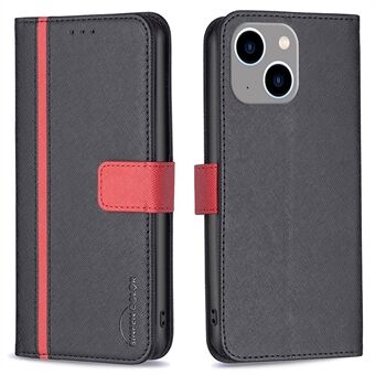 BINFEN COLOR BF Leather Series-9 for iPhone 14 Plus 6.7 inch Style 13 Foldable Stand Function Cross Texture Splicing Phone Case PU Leather Wallet Inner TPU Shell