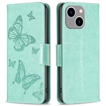 BF Imprinting Pattern Series-4 Leather Case for iPhone 14 Plus 6.7 inch, Butterflies Imprinted Stand Case Magnetic Clasp Wallet Phone Cover