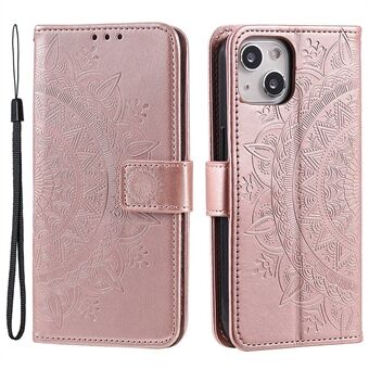 For iPhone 14 Plus 6.7 inch Wallet Case Imprinted Mandala Flower Pattern PU Leather Wrist Strap Stand Feature Flip Cover