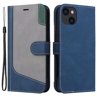 PU Leather Tri-color Splicing Case for iPhone 14 Plus 6.7 inch, Magnetic Clasp Phone Stand Wallet Cover with Strap