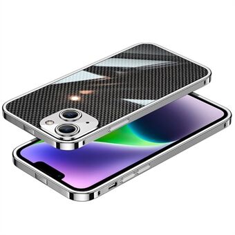 Stainless Steel Frame Anti-drop Bumper Case for iPhone 14 Plus, Carbon Fiber Aramid Fiber Back Plate Metal Lens Protector Phone Cover