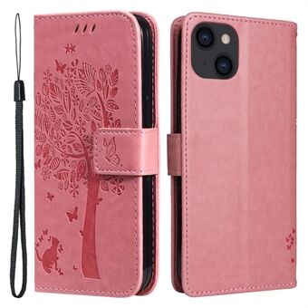 KT Imprinting Flower Series-3 Phone Case for iPhone 14 Plus 6.7 inch Anti-scratch PU Leather Imprinted Cat Tree Pattern Wallet Stand Phone Cover with Strap