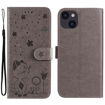 KT Imprinting Flower Series-4 Phone Cover for iPhone 14 Plus 6.7 inch Imprinted Cat and Bee Pattern PU Leather Well-protection Flip Case Stand with Strap