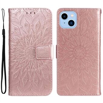 KT Imprinting Flower Series-1 for iPhone 14 Plus 6.7 inch Flip Wallet Case Stand Sunflower Imprinting PU Leather Phone Cover with Strap