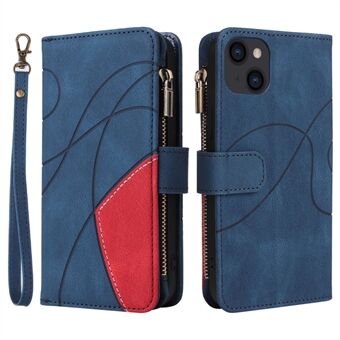 For iPhone 14 Plus 6.7 inch Full Protection Flip Zipper Wallet Phone Case Color Splicing PU Leather Phone Shell Viewing Stand 9-Card Design with Wrist Strap