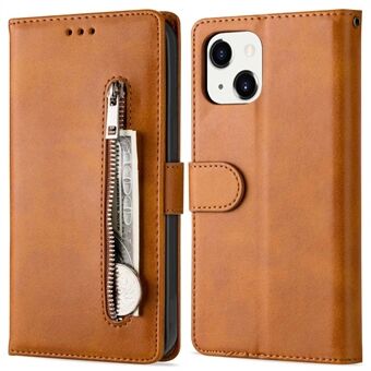For iPhone 14 Plus 6.7 inch Anti-fall Phone Wallet Case Zipper Pocket Textured Anti-fingerprint PU Leather + TPU Phone Cover with Stand