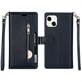 For iPhone 14 Plus 6.7 inch Multi-Functional PU Leather Zipper Wallet Case Stand Feature Full Body Anti-Scratch Protective Cover with Strap