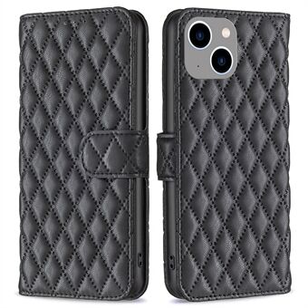 BINFEN COLOR For iPhone 14 Plus 6.7 inch BF Style-14 Matte PU Leather Imprinted Rhombus Pattern Case Adjustable Stand Wallet Cover