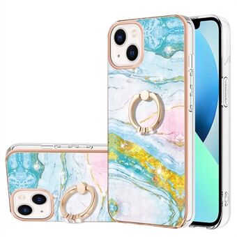 For iPhone 14 Plus 6.7 inch YB IMD Series-10 Shiny Ring Kickstand Case Soft TPU IMD Marble Pattern Electroplating Cover