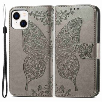 For iPhone 14 Plus 6.7 inch PU Leather Book Wallet Case Imprinted Butterfly Pattern Stand Magnetic Clasp Protective Flip Cover with Wrist Strap