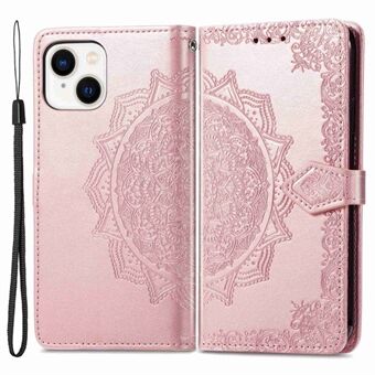 For iPhone 14 Plus 6.7 inch Shockproof PU Leather Wallet Case Embossed Mandala Pattern Stand Magnetic Protective Cover with Strap