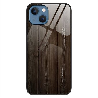 For iPhone 14 Plus 6.7 inch Case Wood Pattern Design TPU Frame Tempered Glass Back Anti-Scratch Cover