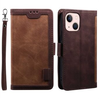 For iPhone 14 Plus Retro Phone Flip Cover Stand Full Protection Skin-touch Color Splicing PU Leather Wallet Case Phone Shell with Handy Strap