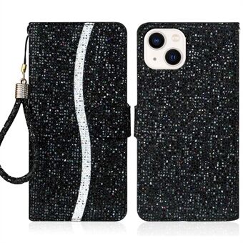 For iPhone 14 Plus Glitter Bling PU Leather Foldable Stand Phone Case Wallet Style Flip Shell with Wrist Strap