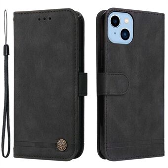 For iPhone 14 Plus Tree Pattern Hardware Decor PU Leather Phone Stand Wallet Case Lines Imprinted Shockproof Cover with Strap