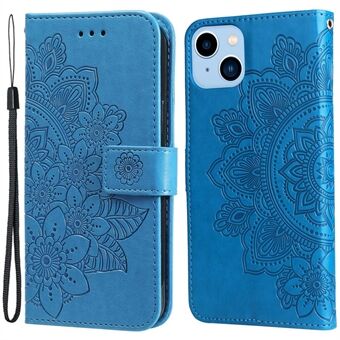For iPhone 14 Plus Flower Imprinting PU Leather Full Protection Phone Case Magnetic Clasp Wallet Stand Cover with Strap