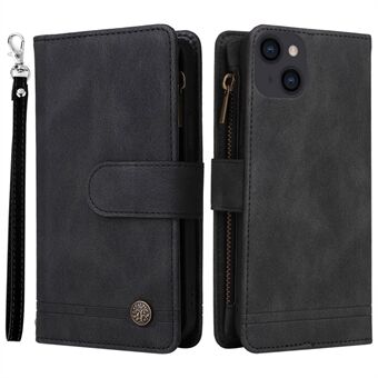 For iPhone 14 Plus Scratch Proof Skin-touch Stripes Imprinted Leather Cover Card Slots Flip Wallet Stand Protective Case with Zipper Pocket