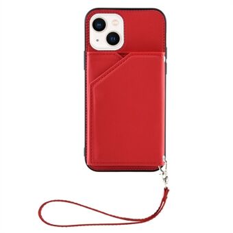 YB Leather Coating Series-2 for iPhone 14 Plus Kickstand Card Slots Design Anti-drop Case Skin-touch PU Leather Coated TPU Back Cover with Strap